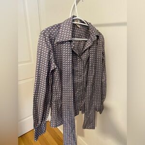 Vintage Patterned Button-Up Blouse with Tie